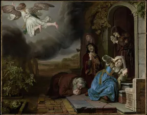 Visually Impaired Prints: The Angel Taking Leave of Tobit and His Family, 1649. Creator: Jan Victors