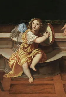 Play Music Prints: Angel with tambourine, c.1508. Creator: Titian (1488-1576)