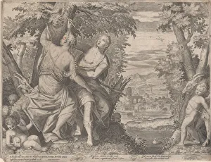 Gillis Sadeler Ii Prints: Angelica and Medoro; they stand next to a stream as Medoro carves their names into a tr