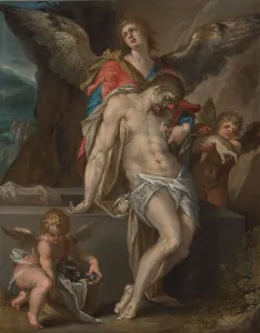 Winged Figures Prints: Angels carry the body of Christ - Pietà, c.1587. Creator: Bartholomeus Spranger