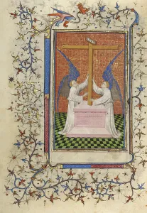 Winged Figures Prints: Two Angels Displaying the Cross; Book of Hours, about 1410. Creator: Unknown