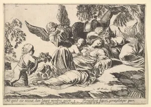 Pierre Collection: Angels Giving Fruit to the Sleeping Holy Family, 1610-42. Creator: Pierre Brebiette
