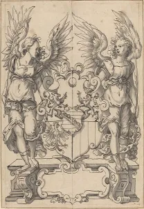 Ammann Jost Prints: Two Angels Holding a Coat of Arms. Creator: Jost Ammon