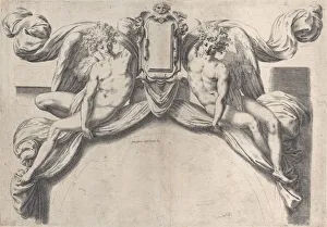 Orazio Prints: Two angels supporting a cartouche or shield, 1568-77. 1568-77