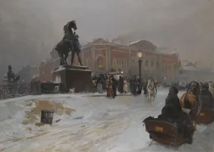 The Anichkov Bridge on Nevsky Prospekt at dusk. Artist: Sala, Paolo (1859-1924) The Anichkov Bridge on Nevsky Prospekt at dusk. Artist: Sala, Paolo (1859-1924)