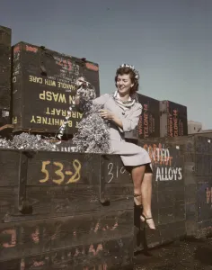 War Production Gallery: Annette del Sur publicizing salvage campaign...Douglas Aircraft Company, Long Beach, Calif. 1942