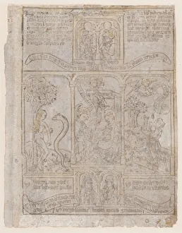 Adam And Eve Collection: The Annunciation, flanked by Eve and the Serpent and Gideons Fleece, from a Biblia Pa... ca. 1465