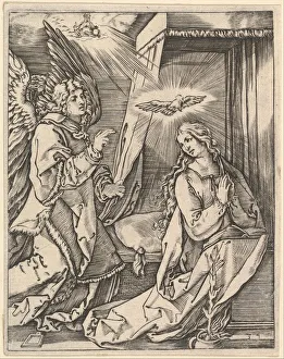 Raimondi Prints: The Annunciation; on the left the archangel Gabriel approaches the praying Virgin... ca
