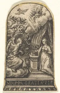 Good News Prints: Annunciation, Mary kneels at a lectern as Gabriel approaches on a cloud from the... ca
