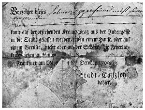 Restriction Gallery: Anti-semitism: a pass issued to Jews at Frankfurt, 1790 (1956)
