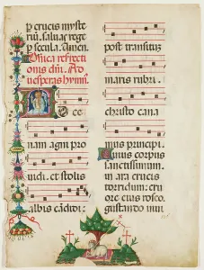 1490s Prints: Antiphonary Leaf: Historiated 'A' with Risen Christ and Agnus Dei in Bottom Margin