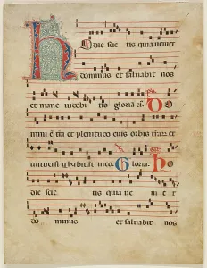 1390s Prints: Antiphonary Leaf: Text with Musical Notation with Ornamental Initial 'H'