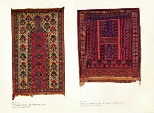 Prayer Rug Prints: Antique Bokhara prayer rug and Sarik Turkoman or Punjdeh prayer rug, c1920