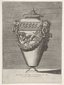 Enea Prints: Antique Lidded Urn Decorated with a Motif of Diamond Rings and Lions, from Vases