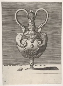 Symmetry Prints: Antique Lidded Vase with Two Handles emerging from the Heads of Hybrid Female Sph