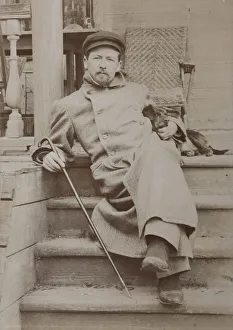 Chekhov Gallery: Anton Chekhov (1860-1904) with dog Hina. Melikhovo, 1897
