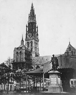 Antwerp Cathedral and statue of the artist Peter Paul Rubens, Belgium, 1867 Antwerp Cathedral and statue of the artist Peter Paul Rubens, Belgium, 1867