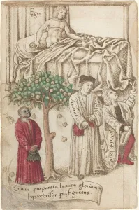 Sickness Collection: An Ape in Purple with a Sick Man, a Good Man, and a Miser [fol. 36 verso], c. 1512 / 1515