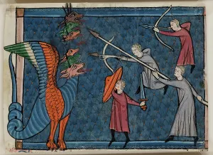 Belief Prints: Apocalypse Leaf Fragment: The Dragon Waging War, c1295. Creator: Unknown