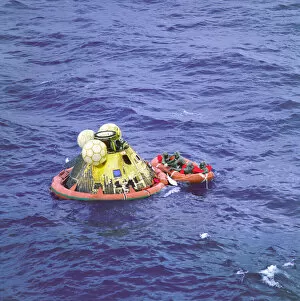 Armstrong Neil A Gallery: Apollo 11 Crew in Raft before Recovery, 1969. Creator: NASA