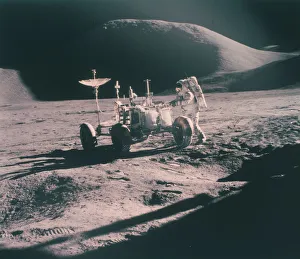 Apollo 15 astronaut James Irwin with the Lunar Rover, August 1971. Artist: Unknown Apollo 15 astronaut James Irwin with the Lunar Rover, August 1971. Artist: Unknown