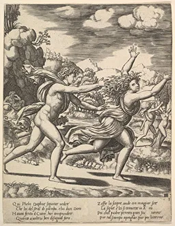 Pursuing Gallery: Apollo chasing Daphne who throws her arms up, in the background at right shows the mome