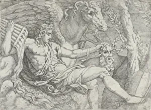 Giulio Prints: Apollo holding pipes in his right hand accompanied by Pegasus, 1556-60