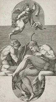 Sun God Prints: Apollo, Pan and a Putto Blowing a Horn, 1560s. Creator: Giorgio Ghisi