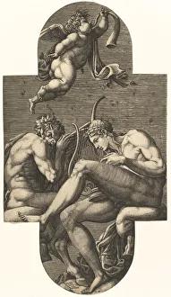 Francesco Primaticcio Collection: Apollo, Pan, and a putto blowing a horn, from a series of eight compositions after France