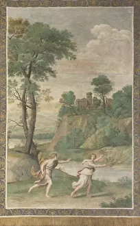 Apollo And Daphne Gallery: Apollo pursuing Daphne (Fresco from Villa Aldobrandini), 1617-1618. Artist: Domenichino (1581-1641)