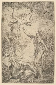 Transformation Gallery: Apollo at right holding a bow chasing Daphne at the left, ca. 1538-40