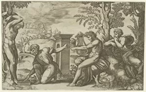 Lyre Gallery: Apollo seated at the right with a lyre, pointing to a kneeling man who is about to flay... 1530-60