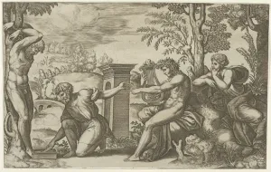 Apollo seated at the right with a lyre, pointing to a kneeling man who is about to flay... 1530-60. Creator: Master of the Die