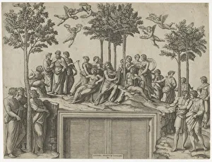 Apollo sitting on Parnassus surrounded by the muses and famous poets, ca. 1517-20 Creator: Marcantonio Raimondi