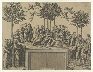 Muse Gallery: Apollo sitting on Parnassus surrounded by the muses and famous poets, ca. 1517-20. ca. 1517-20