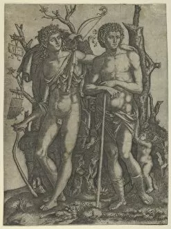 Winged Figure Gallery: Apollo standing at the left, his hand resting on the shoulder of Hyacinthus, Cupid in the... 1506