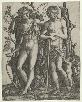 Apollo standing at the left, his hand resting on the shoulder of Hyacinthus, Cupid in the... 1506. Creator: Marcantonio Raimondi