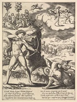 Master Of The Gallery: Apollo standing at left shooting a python with an arrow, above to the left are the muse