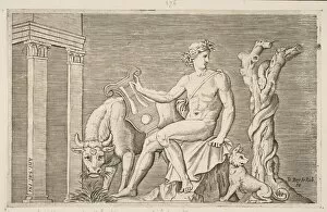 Dente Marco Gallery: Apollo tending the flocks of Admetus, Apollo seated holding a lyre and flanked by a