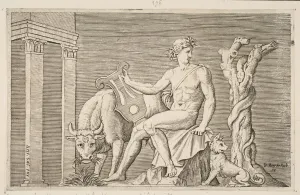 Tending Prints: Apollo tending the flocks of Admetus, Apollo seated holding a lyre and flanked by a