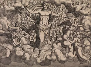The Apostles Looking at Christ and the Virgin in a Glory of Angels (top right plate), 1546. Creator: Leon Davent The Apostles Looking at Christ and the Virgin in a Glory of Angels (top right plate), 1546. Creator: Leon Davent