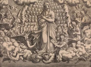 The Apostles looking at Christ and the Virgin in a Glory of Angels (top left plate), 1546. Creator: Leon Davent