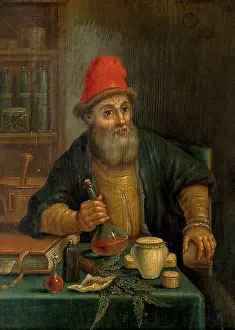 Flask Prints: An apothecary. Creator: Unknown