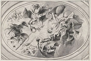 Oval Shaped Gallery: Apotheosis of James I, with the king seated at the bottom, an eagle below him, two... ca. 1639-66