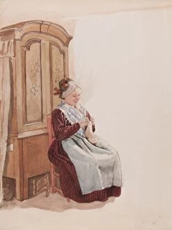 Position Collection: Apparel - Handicraft woman in full figure sitting in front of a cupboard. (c1900s)