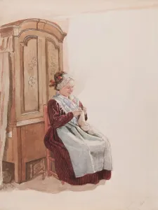 Nordic Museum Prints: Apparel - Handicraft woman in full figure sitting in front of a cupboard