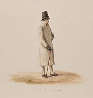 Overcoat Collection: Apparel - Man in white coat with cane, 1840-1868. 'Farmer from Österåkers sn, Oppunda hd, Söde