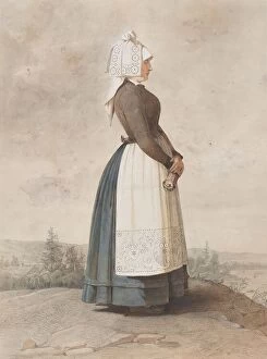 Accessory Collection: Apparel - woman standing in full figure with white apron, 1810-1857. Creator: Otto Wallgren