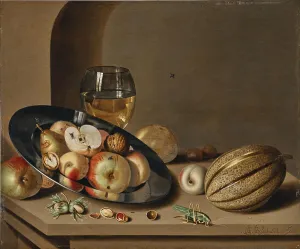 Fine Prints: Apples, pears, peaches and walnuts on a pewter plate