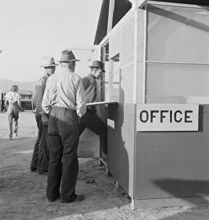 Office Gallery: Applicants at registration tent on opening day... Merrill, Klamath County, Oregon, 1939